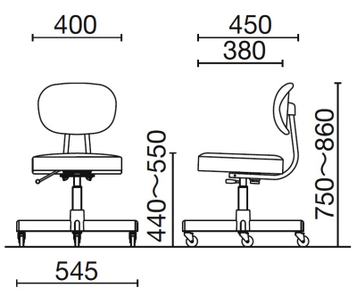 座れば動かない二重ウレタン座面の事務椅子の寸法図