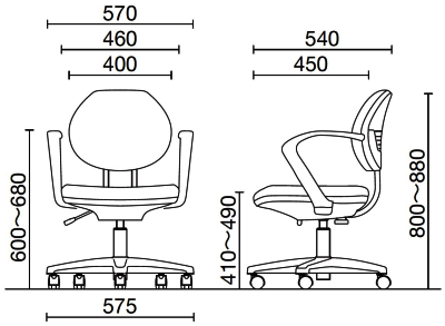 座れば動かない肘付き学習椅子の寸法図