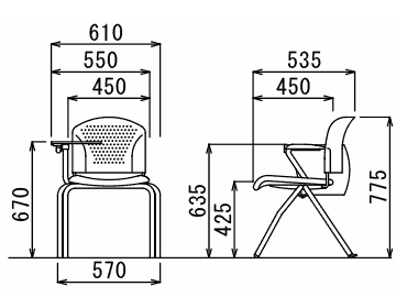 メモ台付き椅子ＭＣ３０４Ｔ寸法図