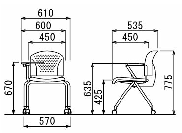 メモ台付き椅子ＭＣ３２４Ｔ寸法図
