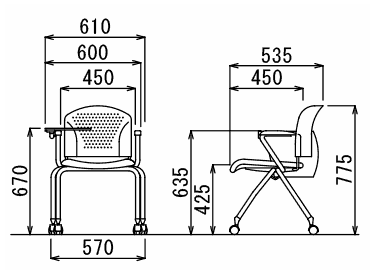 メモ台付き椅子ＭＣ３３４Ｔ寸法図
